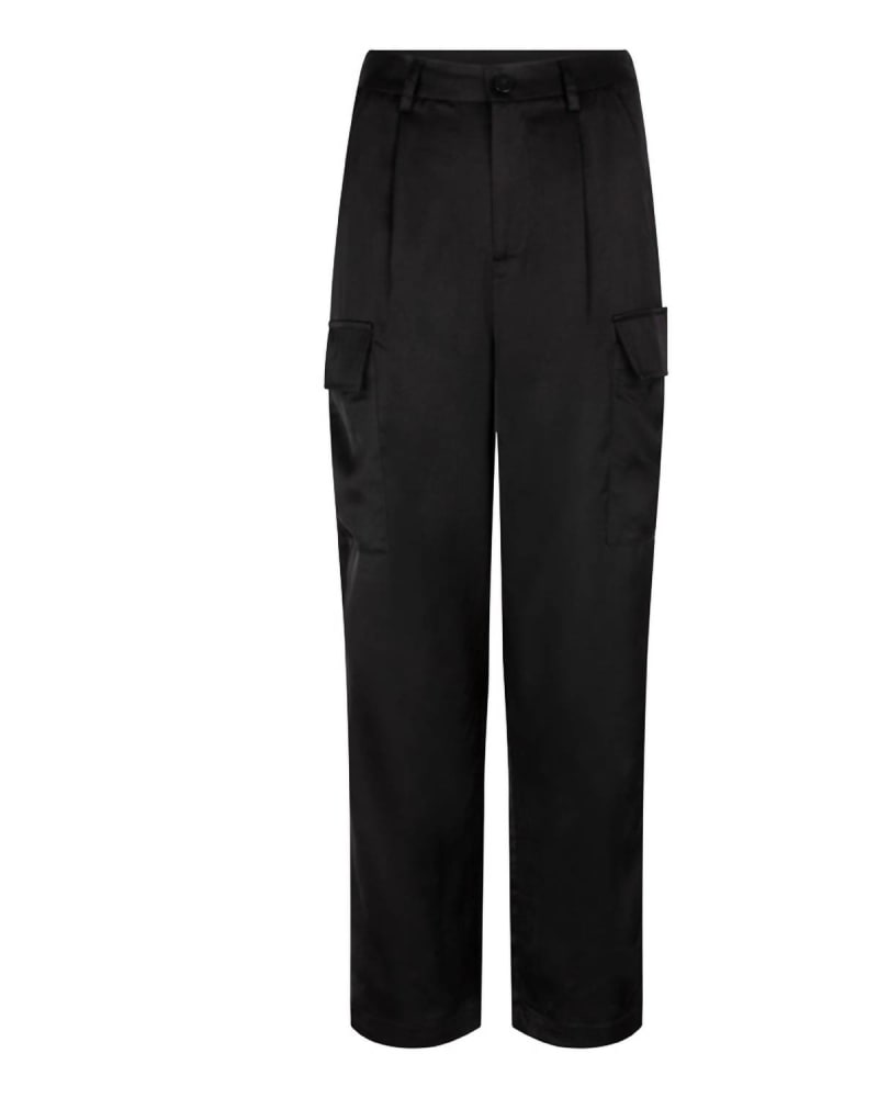 Front of a model wearing a size 10 Sateen Cargo Trousers In Black in Black by ESQUALO. | dia_product_style_image_id:355272